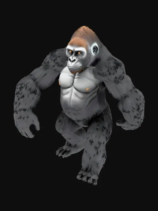 3D model for A massive full-grown silverback gorilla in a neutral T-pose, standing upright on flat ground. Extremely realistic muscle definition, thick chest, wide shoulders, dense fur texture with subtle silver streaks along the back and arms. Face should look natural and serious, not smiling, with deep-set eyes and a strong brow ridge. Lighting should be dramatic but natural, like soft studio lighting that highlights the body structure. The background should be plain and minimal, no distractions, to clearly showcase the gorilla's size and anatomy. Ultra-detailed, high-resolution, lifelike proportions, no cartoon style.