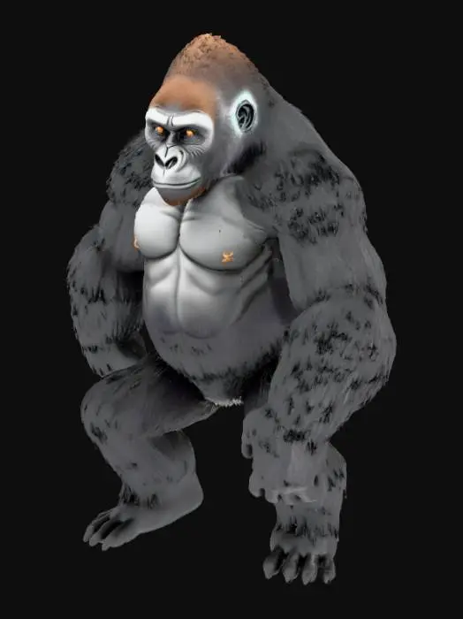 3D model for A massive full-grown silverback gorilla in a neutral T-pose, standing upright on flat ground. Extremely realistic muscle definition, thick chest, wide shoulders, dense fur texture with subtle silver streaks along the back and arms. Face should look natural and serious, not smiling, with deep-set eyes and a strong brow ridge. Lighting should be dramatic but natural, like soft studio lighting that highlights the body structure. The background should be plain and minimal, no distractions, to clearly showcase the gorilla's size and anatomy. Ultra-detailed, high-resolution, lifelike proportions, no cartoon style.