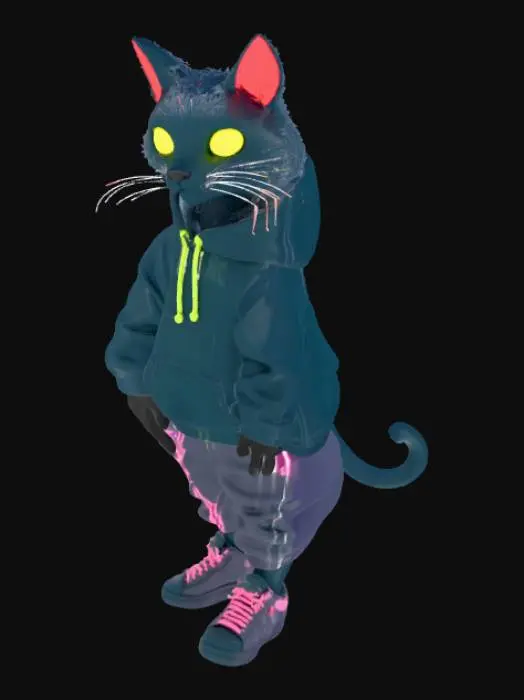 3D model for chat noire humanoide de stile futuriste neon avec un swet a capuche et un pentalon joging