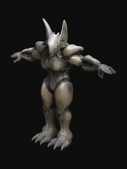 3D model for Create a detailed, military armored alien NPC in a T-pose for an FPS game, inspired by H. R. Giger, 90's sci-fi movies, comic books, and action figures. Include intricate textures, vivid colors, and unique anatomical features.