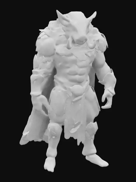 3D model for Create a 3D model of a character named Cyborg Tusk. He stands 7 inches tall, featuring a muscular build with a patchwork of sleek metallic components and rugged animalistic features. His head has a boar-like visage with glowing red eyes and prominent tusks. He wears dark chrome cybernetic armor, complete with a flowing, tattered fur-like cape.
