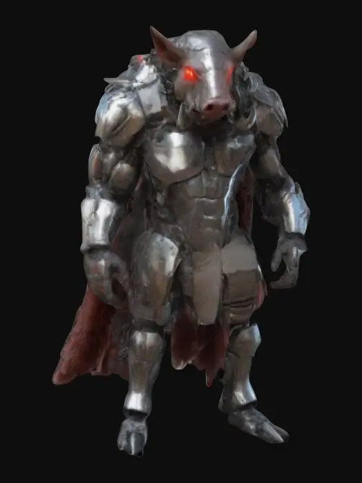 3D model for Create a 3D model of a character named Cyborg Tusk. He stands 7 inches tall, featuring a muscular build with a patchwork of sleek metallic components and rugged animalistic features. His head has a boar-like visage with glowing red eyes and prominent tusks. He wears dark chrome cybernetic armor, complete with a flowing, tattered fur-like cape.