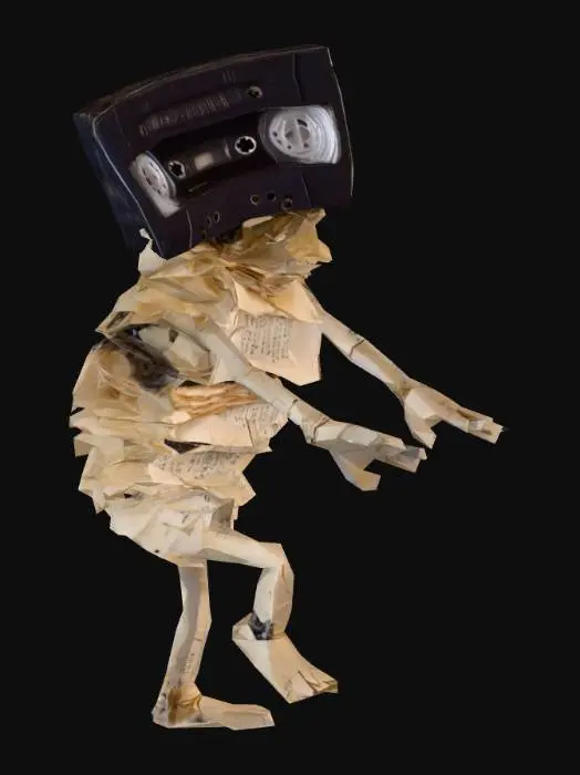 3D model for Высокий, угловатый персонаж с телом, состоящим из сложенных друг на друга стопок пергаментной бумаги, местами пожелтевшей и исписанной неразборчивыми символами. Его голова — это старая, слегка помятая кассета для видеомагнитофона, из которой торчат спутанные нити магнитной ленты. Поверхность сухая, слегка шуршащая, с ощущением старой, забытой библиотеки.
тело длинное, ноги маленькие и узенькие, персонаж похож на анимационный с более толстым низом и болееузким верхом с большой кассетой наверху
Важно, Т - поза
