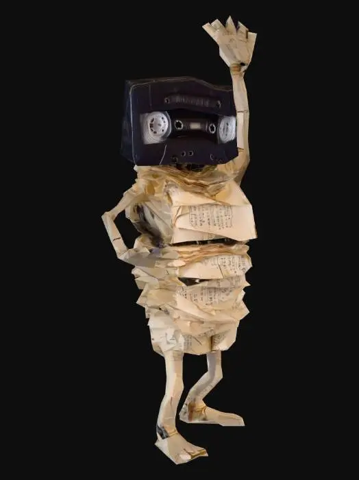 3D model for Высокий, угловатый персонаж с телом, состоящим из сложенных друг на друга стопок пергаментной бумаги, местами пожелтевшей и исписанной неразборчивыми символами. Его голова — это старая, слегка помятая кассета для видеомагнитофона, из которой торчат спутанные нити магнитной ленты. Поверхность сухая, слегка шуршащая, с ощущением старой, забытой библиотеки.
тело длинное, ноги маленькие и узенькие, персонаж похож на анимационный с более толстым низом и болееузким верхом с большой кассетой наверху
Важно, Т - поза
