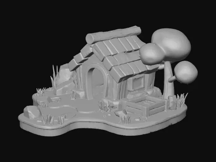 3D model for Create a small stylized low-poly stone collector’s hut (Level 1) in a rustic fantasy style. 
The building should be simple and sturdy, built partly from rough stone blocks and partly from wooden beams. 
Use a basic wooden or straw roof, slightly uneven for charm. 

Add small stone-related props such as:
– a pile of collected stones,
– a few rough rocks placed near the entrance,
– a simple wooden crate or basket for carrying stones,
– maybe a small broken pickaxe leaning on the wall (stylized).

Place everything on a tiny floating grass patch with a few pebbles and one stylized tree. 
Use soft painted textures, warm colors, gentle gradients, and clean low-poly geometry.
No characters, no text.