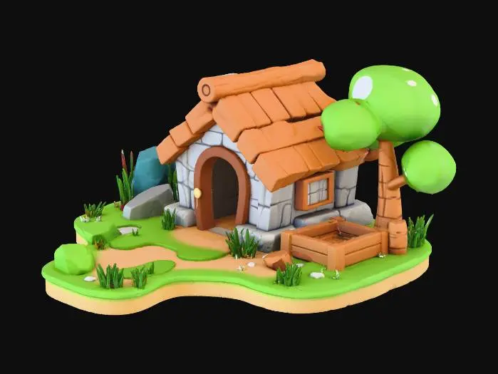 3D model for Create a small stylized low-poly stone collector’s hut (Level 1) in a rustic fantasy style. 
The building should be simple and sturdy, built partly from rough stone blocks and partly from wooden beams. 
Use a basic wooden or straw roof, slightly uneven for charm. 

Add small stone-related props such as:
– a pile of collected stones,
– a few rough rocks placed near the entrance,
– a simple wooden crate or basket for carrying stones,
– maybe a small broken pickaxe leaning on the wall (stylized).

Place everything on a tiny floating grass patch with a few pebbles and one stylized tree. 
Use soft painted textures, warm colors, gentle gradients, and clean low-poly geometry.
No characters, no text.