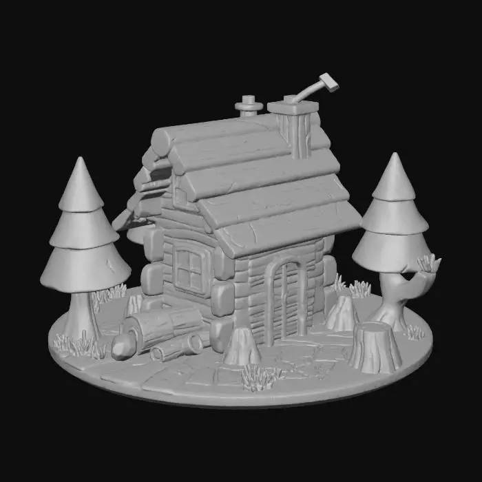 3D model for Create a small stylized low-poly lumberjack’s house (Level 1) in a rustic fantasy style.
The building should look simple and humble, made mostly of wooden planks and timber beams. 
Include a slightly slanted wooden or straw roof, basic structure, and minimal decorations.

Add small details related to wood gathering, such as:
– a chopped log or two near the entrance,
– a small stack of firewood,
– a simple wooden stump used as a chopping block,
– maybe an axe embedded in the stump (stylized, not realistic).

Place the house on a tiny floating patch of grass with a few stones and one or two stylized trees.
Use warm colors, soft painted textures, smooth gradients, and clean low-poly geometry.
No characters, no text, just the house centered nicely.