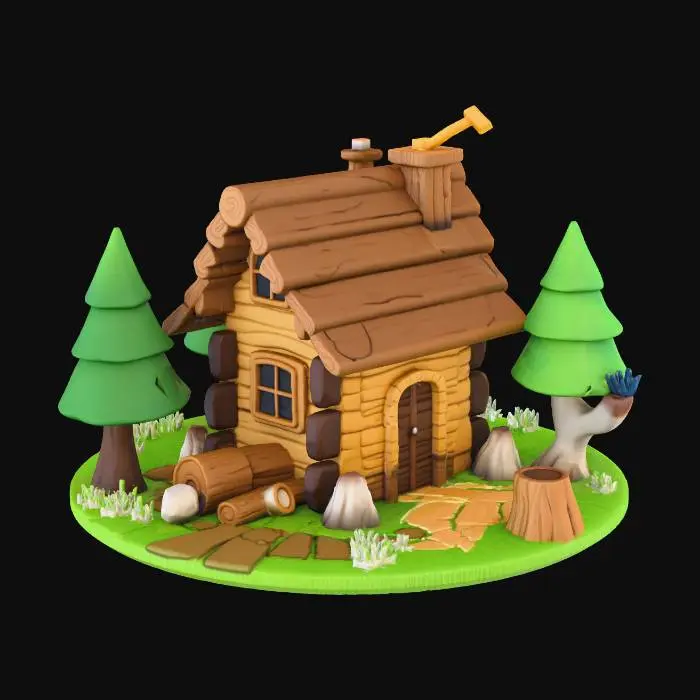 3D model for Create a small stylized low-poly lumberjack’s house (Level 1) in a rustic fantasy style.
The building should look simple and humble, made mostly of wooden planks and timber beams. 
Include a slightly slanted wooden or straw roof, basic structure, and minimal decorations.

Add small details related to wood gathering, such as:
– a chopped log or two near the entrance,
– a small stack of firewood,
– a simple wooden stump used as a chopping block,
– maybe an axe embedded in the stump (stylized, not realistic).

Place the house on a tiny floating patch of grass with a few stones and one or two stylized trees.
Use warm colors, soft painted textures, smooth gradients, and clean low-poly geometry.
No characters, no text, just the house centered nicely.