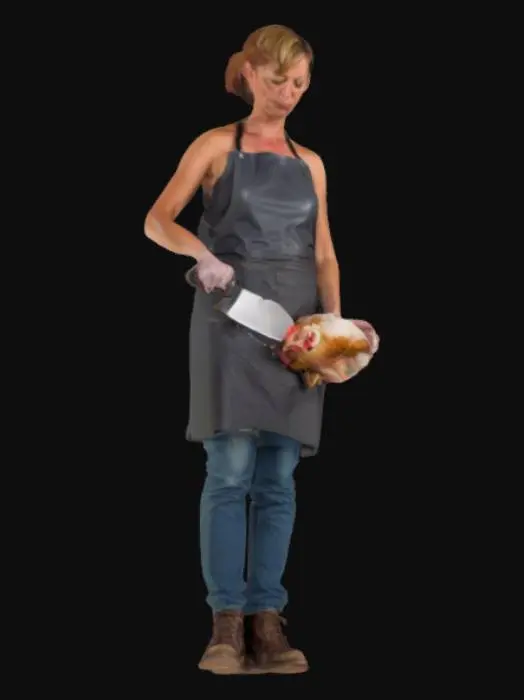 3D model for Female butcher with no sleeves cutting a chicken’s head with s knife