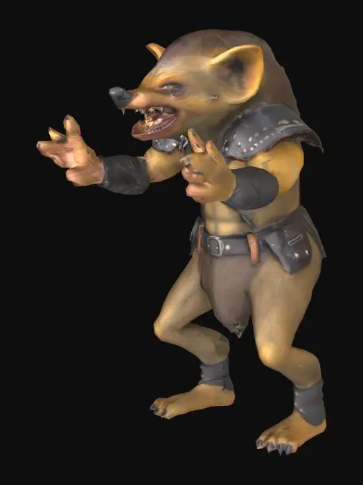 3D model for A full-body model of a humanoid gnoll-like enemy. It has a hyena-like face with a toothy grin, dog-like nose, beady eyes and pointy dog-like ears. It is wearing banded leather armor with straps. The armor should not cover the whole body. The armor is made from leather straps, connecting the shoulder pads to the belt, crossing on the back and the chest. The armor has shoddy shoulder pads made from leather. The hands have two fingers and a thumb with sharp nails. The feet have three toes with sharp nails. The model is build semi-muscular with fur-like skin. The skin should be light-brown, while the armor has a darker brown tone. The model is standing upright with arms spread in a T shape with palms facing downward. Textures should be gritty.