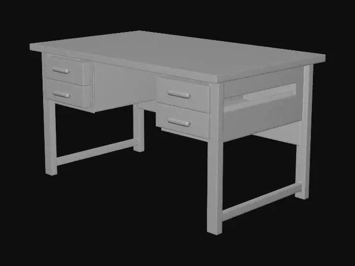 3D model for A worn office work desk, rectangular, cheap corporate furniture, scratched wooden surface, metal legs, slightly damaged edges, realistic but low-poly, dark and gloomy office environment, horror game prop, no drawers open, neutral pose