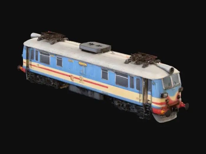 3D model for Highly detailed 3D model of a realistic Indian train, consisting of a locomotive and passenger coaches, inspired by Indian Railways. Include accurate textures, colors, and decals commonly seen on Indian trains (blue and cream or red and yellow), realistic windows, doors, wheels, and tracks. The model should be optimized for 3D use in games or animation, with realistic lighting, metallic and glass materials, and subtle weathering. Perspective: 3/4 view showing the front and side of the train, cinematic composition, photorealistic style.