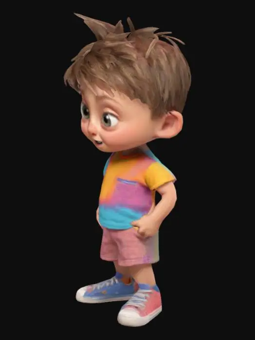 3D model for "A 3D render of a 6-year-old boy with a playful, innocent expression. He has short, messy hair, big bright eyes, and a small nose. His skin is smooth with a rosy tint on his cheeks. He wears a colorful T-shirt, shorts, and sneakers. His pose is cheerful, with a slight head tilt and a bright smile. The background is softly blurred with natural lighting, creating a warm, inviting feel. The style is semi-realistic with high attention to detail in textures and shading."