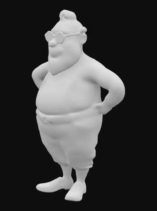 3D model for "A 3D render of a plump, cheerful old man with a twinkle in his eyes and a big, toothy grin. His round face is covered with a fluffy white beard, and he wears tiny, round glasses that keep sliding down his nose. Dressed in bright suspenders over a striped shirt, with oversized pants and funny socks, he radiates pure joy. He’s mid-laugh, belly shaking, hands on his hips. The background is a cozy bakery, filled with the aroma of fresh bread, enhancing his warm and lovable charm."