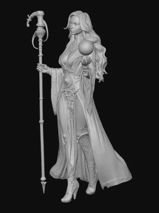 3D model for Voluptuous woman  wizard holding a staff and a magical sphere