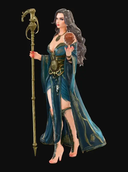 3D model for Voluptuous woman  wizard holding a staff and a magical sphere