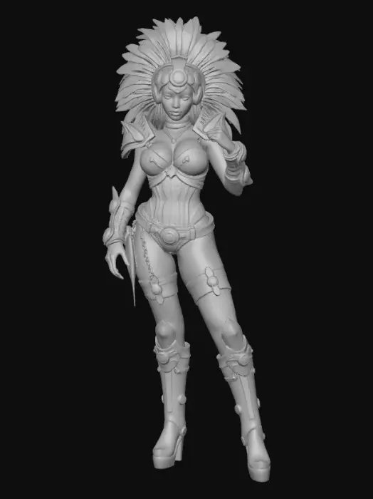 3D model for Make a bikini armored female with largest chest and cleavage with steampunk theme and large feather head piece