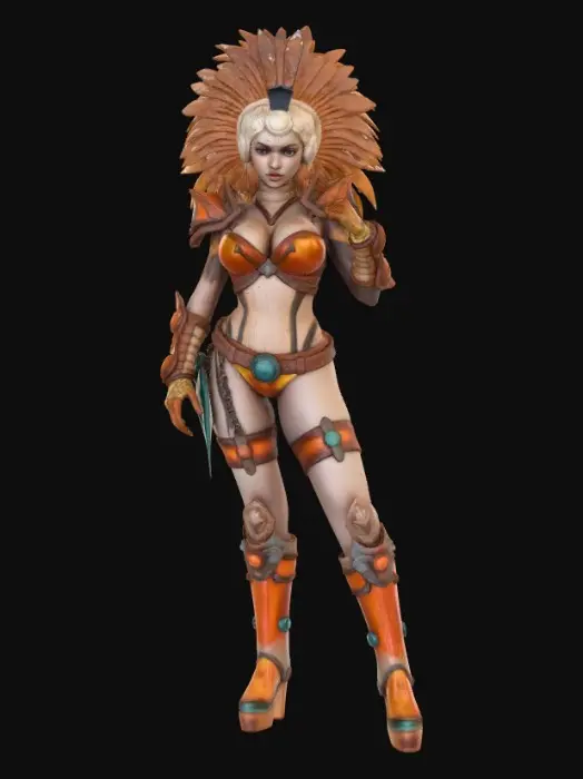 3D model for Make a bikini armored female with largest chest and cleavage with steampunk theme and large feather head piece