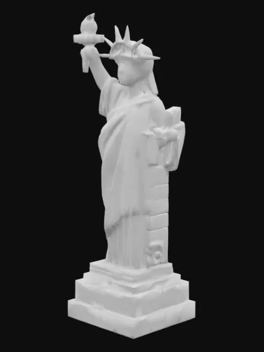 3D model for Generate a highly detailed 3D model of the Statue of Liberty in LEGO style, based on the uploaded photo. Maintain recognizable features like the crown, torch, and robe using brick-like geometry. Use simplified forms and blocky textures, but preserve overall proportions and iconic pose. Suitable for playful or toy-style rendering.