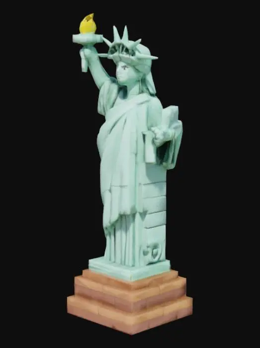 3D model for Generate a highly detailed 3D model of the Statue of Liberty in LEGO style, based on the uploaded photo. Maintain recognizable features like the crown, torch, and robe using brick-like geometry. Use simplified forms and blocky textures, but preserve overall proportions and iconic pose. Suitable for playful or toy-style rendering.