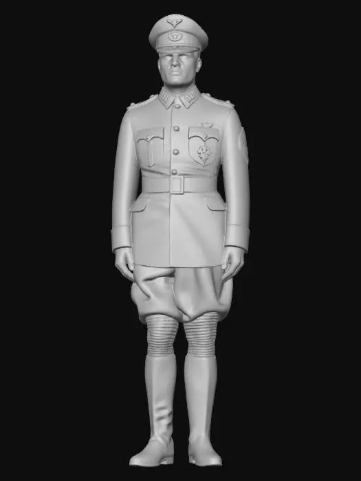 3D model for Realistic 3D character model of a World War II German Wehrmacht commanding officer, wearing a historically accurate feldgrau (field-grey) wool officer tunic (Feldbluse M36) with four front pockets, dark green collar patches with silver Litzen insignia, gold-embroidered shoulder boards indicating senior rank, Iron Cross medal on the left breast, and Wehrmacht eagle emblem on the right chest. He wears stone-grey matching wool trousers tucked into tall black leather jackboots. On his head is a peaked Schirmmütze officer's cap with silver piping, leather chin strap, and eagle-and-wreath cap badge. Brown leather officer's belt with metal Heeresadler buckle. The figure stands in a neutral A-pose, full-body, game-ready character with high-poly detail, PBR textures, realistic fabric, metal, and le