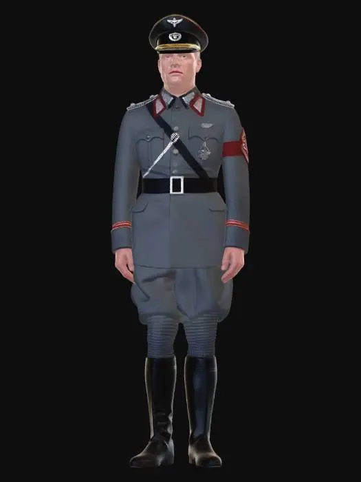3D model for Realistic 3D character model of a World War II German Wehrmacht commanding officer, wearing a historically accurate feldgrau (field-grey) wool officer tunic (Feldbluse M36) with four front pockets, dark green collar patches with silver Litzen insignia, gold-embroidered shoulder boards indicating senior rank, Iron Cross medal on the left breast, and Wehrmacht eagle emblem on the right chest. He wears stone-grey matching wool trousers tucked into tall black leather jackboots. On his head is a peaked Schirmmütze officer's cap with silver piping, leather chin strap, and eagle-and-wreath cap badge. Brown leather officer's belt with metal Heeresadler buckle. The figure stands in a neutral A-pose, full-body, game-ready character with high-poly detail, PBR textures, realistic fabric, metal, and le