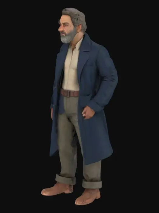 3D model for Generate an ultra-realistic, full-body 3D model of a middle-aged man with Mediterranean features: olive-toned skin, deep-set hazel eyes, slightly curved nose, and a neatly trimmed salt-and-pepper beard. His hair is thick, wavy, and shoulder-length, with subtle graying at the temples. He is wearing a dark blue tailored coat over a beige linen shirt, leather belt, and weathered brown boots. His posture is relaxed yet confident, hands loosely in his pockets, standing in soft natural sunlight that enhances the textures of his clothing and skin. The background is a blurred European cobblestone street.