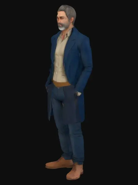 3D model for Generate an ultra-realistic, full-body 3D model of a middle-aged man with Mediterranean features: olive-toned skin, deep-set hazel eyes, slightly curved nose, and a neatly trimmed salt-and-pepper beard. His hair is thick, wavy, and shoulder-length, with subtle graying at the temples. He is wearing a dark blue tailored coat over a beige linen shirt, leather belt, and weathered brown boots. His posture is relaxed yet confident, hands loosely in his pockets, standing in soft natural sunlight that enhances the textures of his clothing and skin. The background is a blurred European cobblestone street.