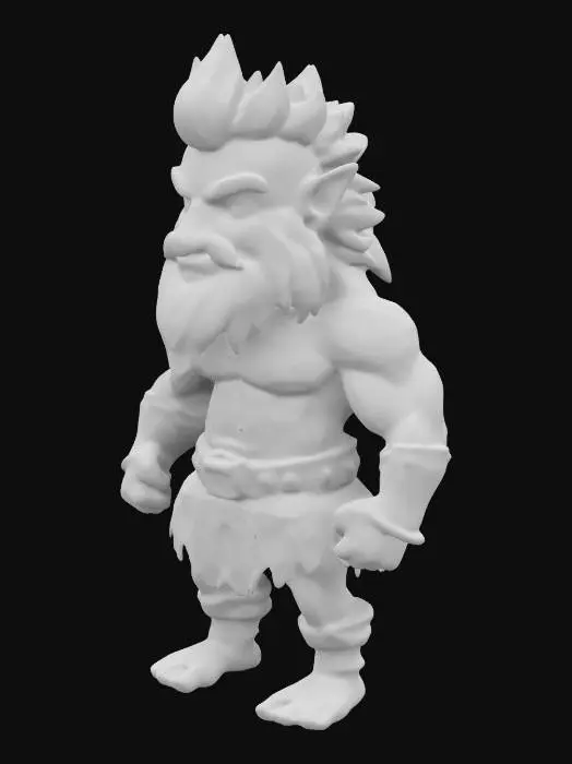 3D model for cave man with leopard skin fur shorts . bushy hair and long beard. body built like Kratos - cartoon chibi style. Must not have anything in hand.