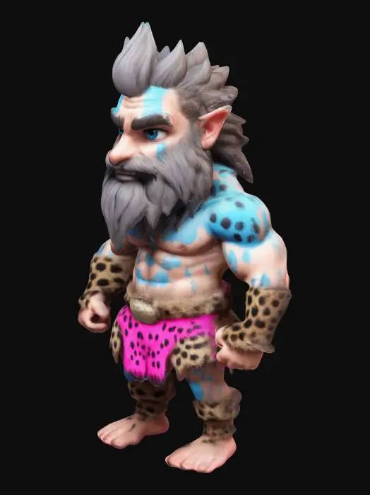 3D model for cave man with leopard skin fur shorts . bushy hair and long beard. body built like Kratos - cartoon chibi style. Must not have anything in hand.
