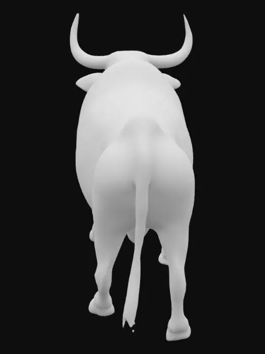 3D model for An ox with a robust, muscular build, walking with a steady, powerful gait. Its body is covered in coarse, thick hide, predominantly in earthy shades of deep brown and tan, with patches of lighter, almost creamy fur on its underbelly. The texture suggests a dense, slightly matted, yet healthy coat, giving it a rugged feel. Large, curved horns extend from its broad head, appearing smooth and bone-like, tapering to blunt points. Its sturdy legs and thick neck emphasize its immense strength.