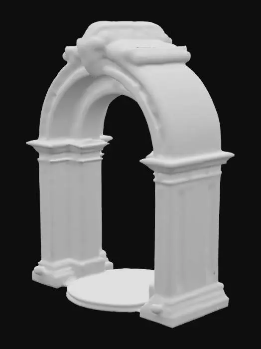 3D model for Магический портал в форме изящной арки, вырезанной из гладкого, темно-серого обсидиана, отполированного до зеркального блеска. Его поверхность на ощупь холодная и безупречно гладкая, а вдоль изгибов выгравированы тонкие, светящиеся синеватым светом руны, создающие ощущение едва уловимой вибрации. Внутри арки пульсирует бездонный вихрь чистой энергии, переливающейся от глубокого индиго до яркого бирюзового, излучающий легкое, почти неощутимое тепло.