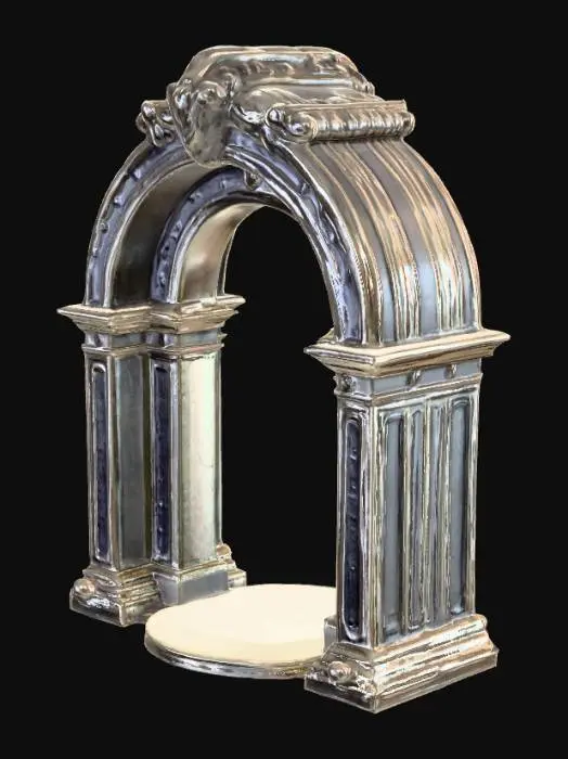 3D model for Магический портал в форме изящной арки, вырезанной из гладкого, темно-серого обсидиана, отполированного до зеркального блеска. Его поверхность на ощупь холодная и безупречно гладкая, а вдоль изгибов выгравированы тонкие, светящиеся синеватым светом руны, создающие ощущение едва уловимой вибрации. Внутри арки пульсирует бездонный вихрь чистой энергии, переливающейся от глубокого индиго до яркого бирюзового, излучающий легкое, почти неощутимое тепло.