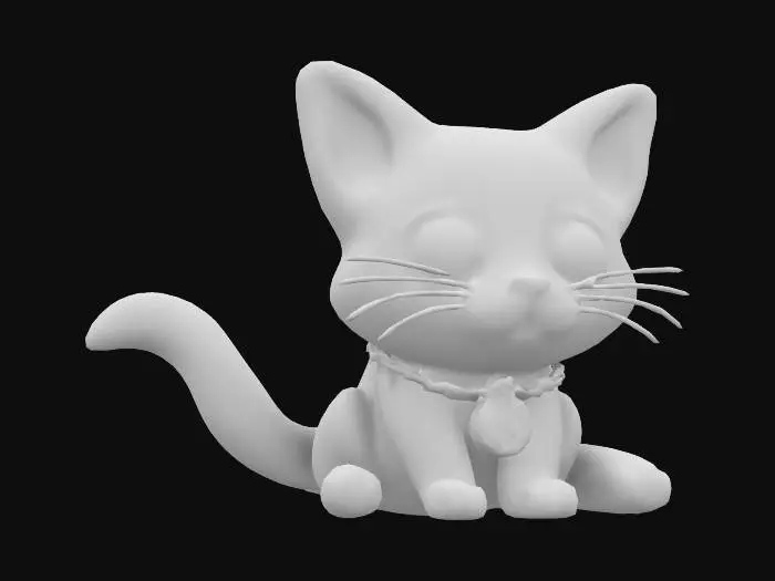 3D model for Cat with big blue eyes and pink fur very fluffy and long tail, small paws very cute wearing a bitcoin locket. 