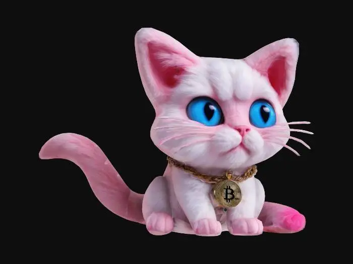 3D model for Cat with big blue eyes and pink fur very fluffy and long tail, small paws very cute wearing a bitcoin locket. 