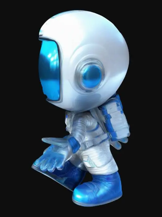 3D model for A detailed 3D cartoon spaceman in a T-pose, featuring a sleek. The rounded helmet has a reflective visor, and the spacesuit boasts intricate panel lines and glowing accents. It includes a backpack with tubes, shining elements, and a color scheme of white, metallic silver, and neon blue. The bulky yet stylized gloves and boots have textured surfaces, while the character has friendly, cartoonish proportions with exaggerated features. Ensure the T-pose is clear and symmetrical.