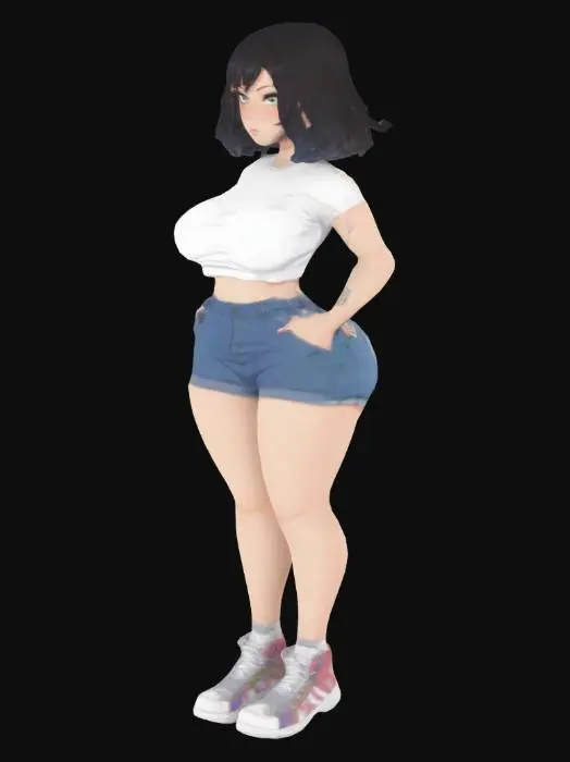 3D model for anime baddie curvy wifey wearing shorts with sneakers
