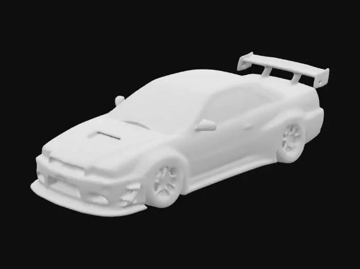 3D model for Widebody 1997 Nissan Skyline (R32) with aggressively flared fenders, White paint, lowered stance, deep-dish multi-spoke wheels, and a prominent front splitter. Custom aerodynamic side skirts and a ducktail spoiler enhance its stance. Matte black body with carbon fiber accents on the splitter and skirts. Detailed headlights, vented hood, and subtle rivets on the fender flares. Clean, PBR-optimized surfaces for realistic reflections and shading, realistic, High resolution, 4k, 8k, HD