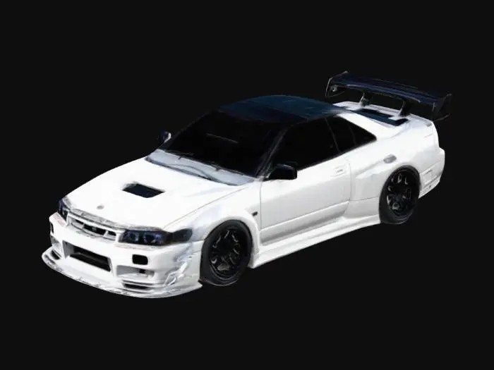 3D model for Widebody 1997 Nissan Skyline (R32) with aggressively flared fenders, White paint, lowered stance, deep-dish multi-spoke wheels, and a prominent front splitter. Custom aerodynamic side skirts and a ducktail spoiler enhance its stance. Matte black body with carbon fiber accents on the splitter and skirts. Detailed headlights, vented hood, and subtle rivets on the fender flares. Clean, PBR-optimized surfaces for realistic reflections and shading, realistic, High resolution, 4k, 8k, HD