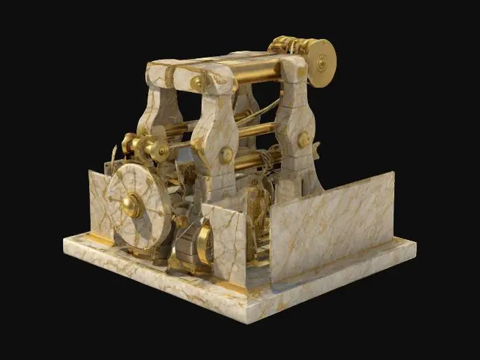 3D model for A trebuchet made of pristine ancient greek granite stone infused with gold marbling, featuring a built in abacus, and pulley system launch mechanism, with steam punk accents, and a sprinkle of cottage core design, cable of launching atomic radioactive methane cows (humanely), and also able to float using hot air baloon technology, It also has a built in fish tank full of piranha for ammunition, LEDs, Realistic, High resolution, Good quality, High definition #ChronoForgeWeapon#, 