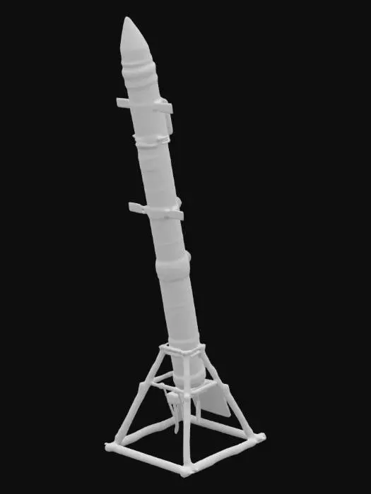 3D model for A towering ICBM slingshot built from bamboo and rope twine merges ancient craftsmanship with futuristic tech. Solar panels power its launch system, while a holographic interface projects targeting data. Its "future-historic-primitive" design blends past and future in a surreal fusion. At its core, a red wax seal of approval marks it with an enigmatic authority, as if sanctioned by an ancient power reborn in a sci-fi age., #ChronoForgeWeapon#