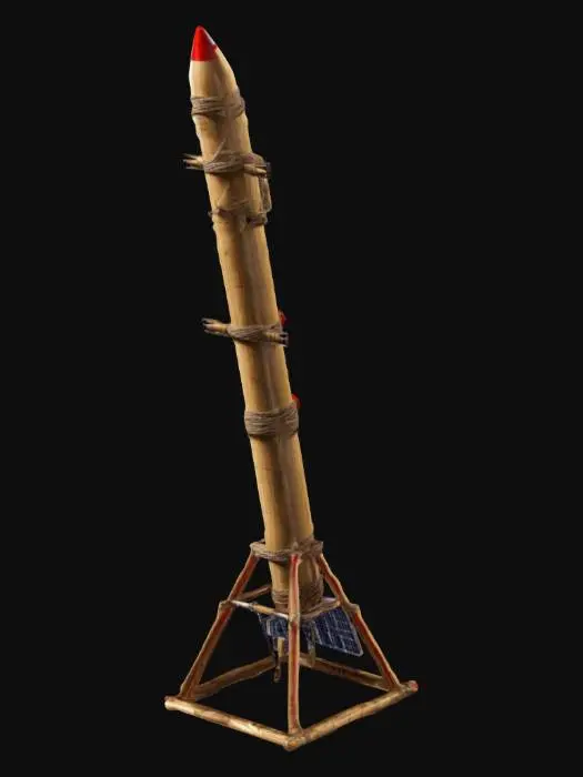 3D model for A towering ICBM slingshot built from bamboo and rope twine merges ancient craftsmanship with futuristic tech. Solar panels power its launch system, while a holographic interface projects targeting data. Its "future-historic-primitive" design blends past and future in a surreal fusion. At its core, a red wax seal of approval marks it with an enigmatic authority, as if sanctioned by an ancient power reborn in a sci-fi age., #ChronoForgeWeapon#