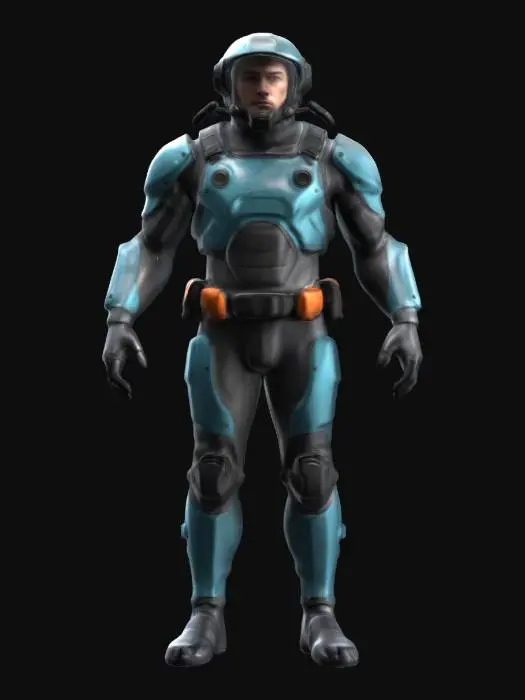 3D model for A male character wearing a lightweight ergonomic exo suit built for deep underwater diving. 