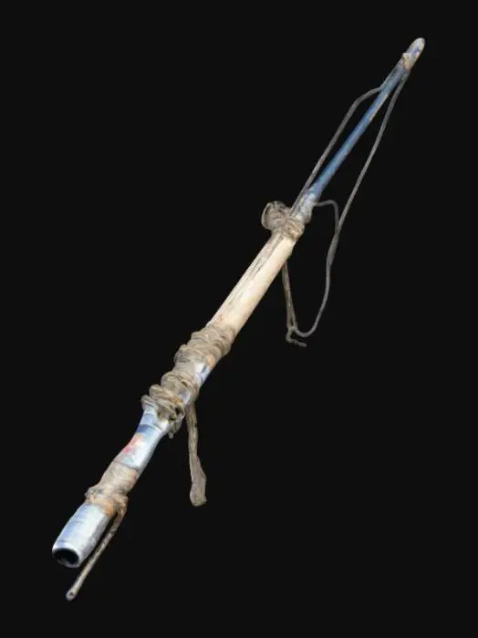 3D model for a survival fishing rod made of branches and scavenged materials, scrap metal bits, tape, zipties, and other found natural survival bush craft material components