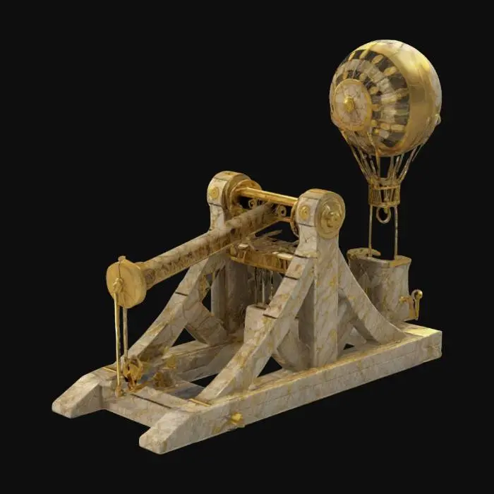 3D model for A trebuchet made of pristine ancient greek granite stone infused with gold marbling, featuring a built in abacus, and pulley system launch mechanism, with steam punk accents, and a sprinkle of cottage core design, cable of launching atomic radioactive methane cows (humanely), and also able to float using hot air baloon technology, It also has a built in fish tank full of piranha for ammunition, LEDs, Realistic, High resolution, Good quality, High definition #ChronoForgeWeapon#, 