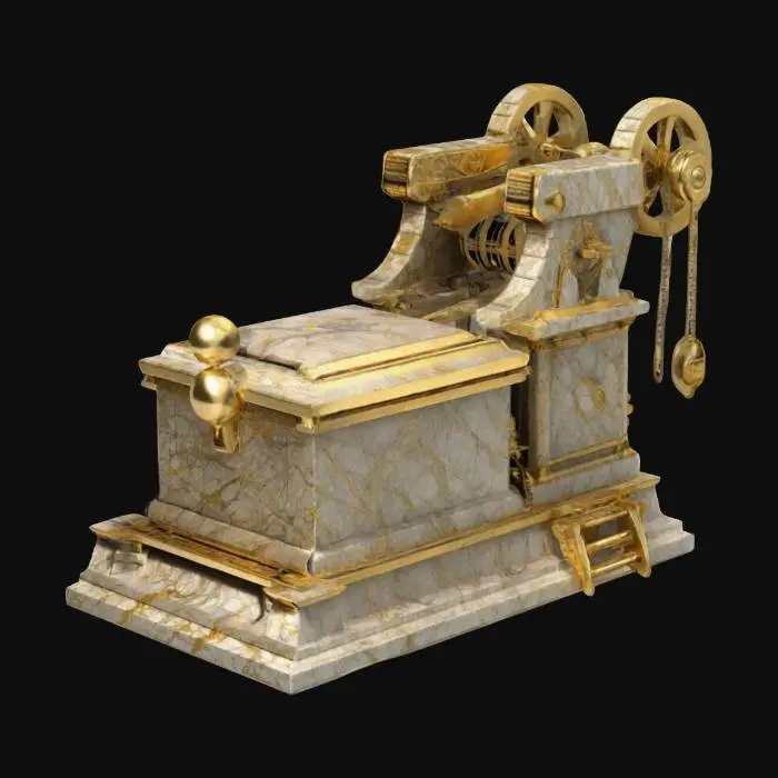 3D model for A trebuchet made of pristine ancient greek granite stone infused with gold marbling, featuring a built in abacus, and pulley system launch mechanism, with steam punk accents, and a sprinkle of cottage core design, cable of launching atomic radioactive methane cows (humanely), and also able to float using hot air baloon technology, It also has a built in fish tank full of piranha for ammunition, LEDs, Realistic, High resolution, Good quality, High definition #ChronoForgeWeapon#, 