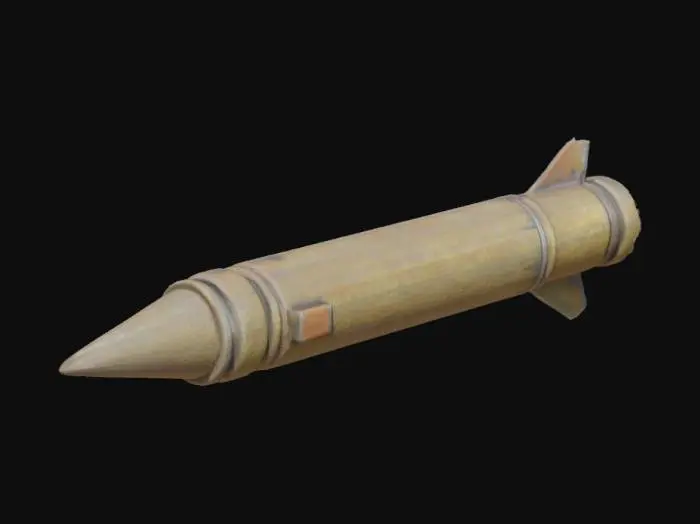 3D model for An aged, metallic rocket projectile, tapering to a conical nose and featuring fins at its base for stability. Its surface, composed of weathered steel or aluminum, displays a dull, oxidized sheen with areas of discoloration and light rust. The texture is rough and slightly pitted from accumulated dirt and minor corrosion. Faint remnants of original paint might cling to its cylindrical body, mostly worn away, leaving a grimy, cold, and solid feel.