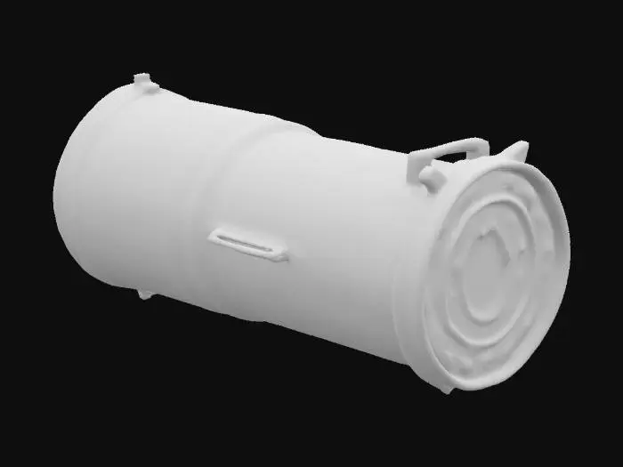 3D model for An old, dirty metal rocket launcher, distinctly cylindrical in shape, with a robust tubular body. Its metallic surface, likely steel or iron, is tarnished and features dull, oxidized shades of grey and brown. The texture is gritty and rough from years of grime buildup and scattered rust spots, indicating heavy wear. Scratches and chipped paint further detail its weathered appearance, making it feel cold and heavy to the touch.