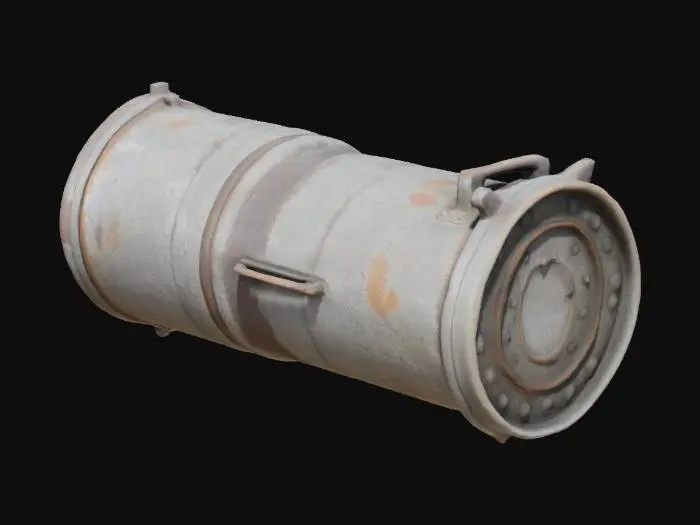 3D model for An old, dirty metal rocket launcher, distinctly cylindrical in shape, with a robust tubular body. Its metallic surface, likely steel or iron, is tarnished and features dull, oxidized shades of grey and brown. The texture is gritty and rough from years of grime buildup and scattered rust spots, indicating heavy wear. Scratches and chipped paint further detail its weathered appearance, making it feel cold and heavy to the touch.