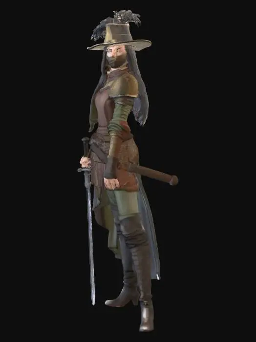 3D model for create a female musketeer with a sword in her hand, a fencing sword, and a flintlock pistol in her belt. Make the sword thin and opulent and make the pistol visible.